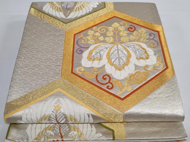 平和屋着物◎六通柄袋帯　唐織　向かい鶴亀甲文　金銀糸　正絹　逸品　DAAX7772qa