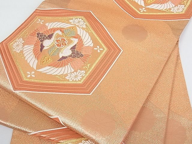 平和屋着物■六通柄袋帯　双鶴亀甲花文　金糸　逸品　ea0457