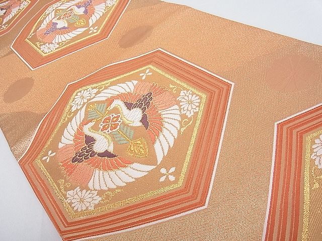 平和屋着物■六通柄袋帯　双鶴亀甲花文　金糸　逸品　ea0457