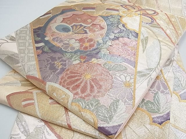 平和屋着物■六通柄袋帯　扇面花蝶文　金銀糸　逸品　ox3409