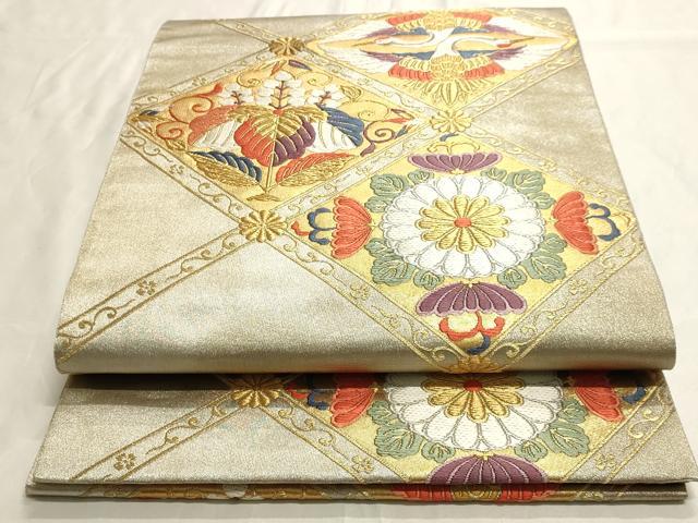 平和屋着物◎六通柄袋帯 唐織 天上向い鶴菱花文 金銀糸 正絹 逸品 AAAM5735cx