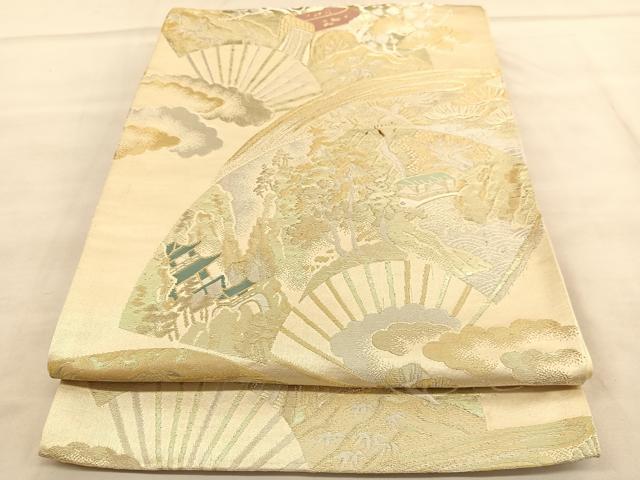 平和屋着物◎六通柄袋帯　扇面風景文　金銀糸　正絹　逸品　BAAU7655hv
