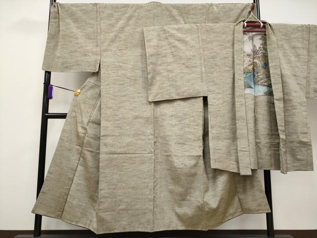 平和屋着物■極上　男性　紬　アンサンブル　キングサイズ　色無地　利休色　逸品　未使用　CYAA2767s5