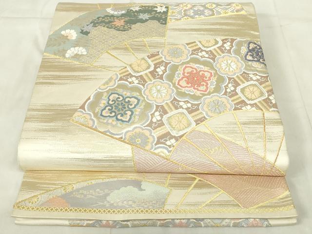 平和屋着物◎六通柄袋帯 唐織 扇面花文 金糸 正絹 逸品 DABB2645qp