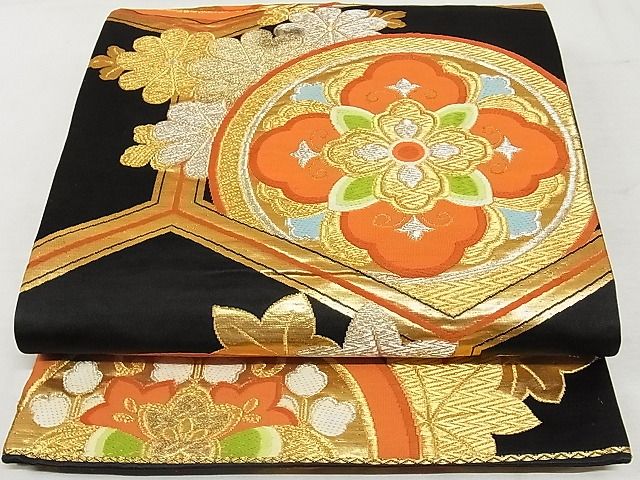 平和屋着物◎六通柄袋帯　唐織　亀甲花丸文　黒地　金銀糸　正絹　逸品　AAAH6084Asx