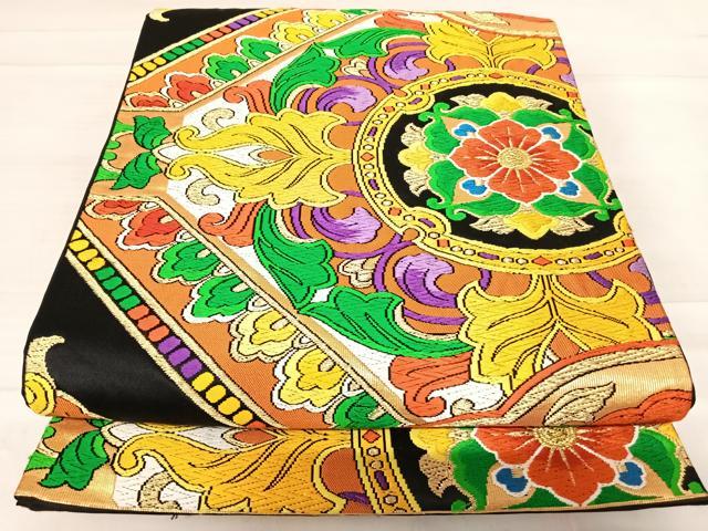 平和屋着物◎六通柄袋帯　唐織　更紗花文　黒地　金糸　正絹　逸品　AABD7351yx