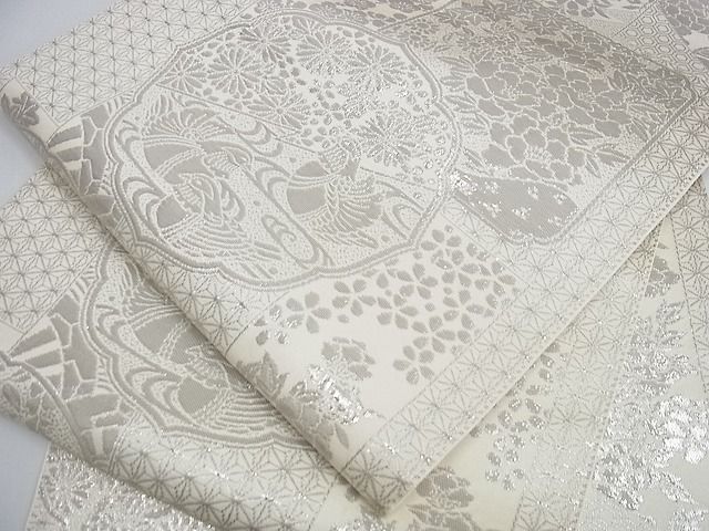 平和屋着物■六通柄　本袋帯　短冊花鳥丸文　銀糸　逸品　tw3707