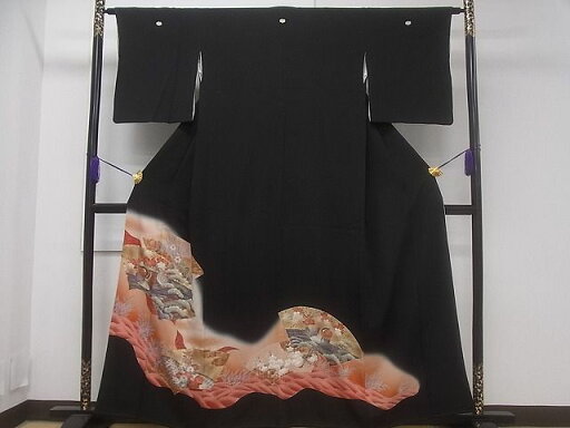 平和屋着物■豪華黒留袖 駒刺繍 地紙鴛鴦流水枝花文 逸品 CAAG3816ev 平和屋着物■豪華黒留袖 駒刺繍 地紙鴛鴦流水枝花文 逸品 CAAG3816ev