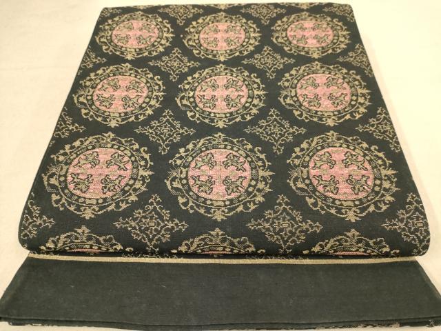 平和屋着物◎六通柄袋帯　紬地　花丸文　黒地　金糸　正絹　逸品　AABB9101dt