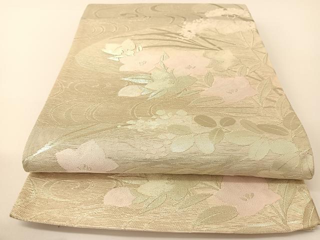 平和屋着物＊夏物　六通柄袋帯　流水秋草文　銀糸　正絹　逸品　BAAT0730yc