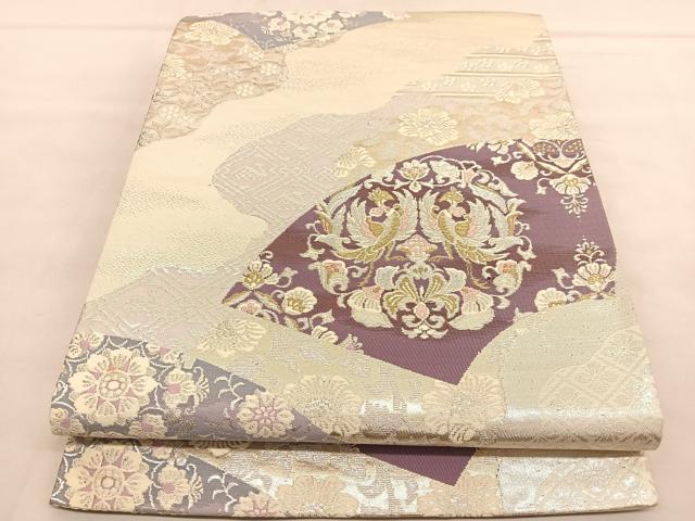 平和屋着物◎六通柄袋帯　向かい鳳凰飾花文　金銀糸　正絹　逸品　BAAU1546hv