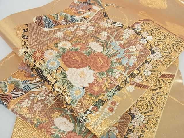 平和屋着物■六通柄袋帯　唐織　屏風花鳥文　金糸　逸品　az5618
