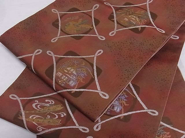 平和屋着物■六通柄袋帯　色紙風景文　成物　魚　正絹　逸品　A-sx7661