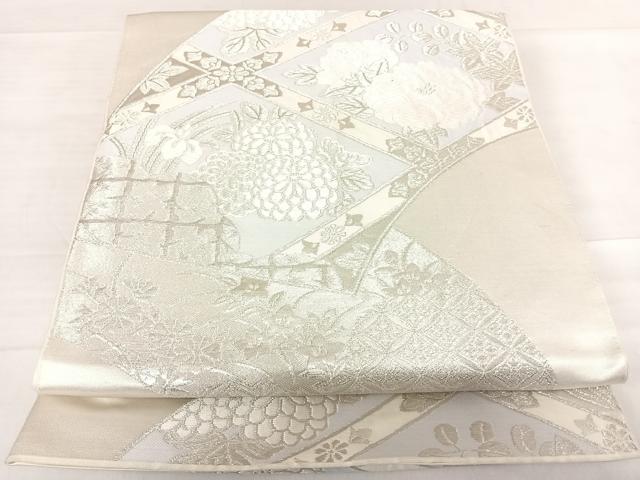 平和屋着物◎六通柄袋帯　唐織　地紙花文　銀糸　正絹　逸品　AABD7354yx
