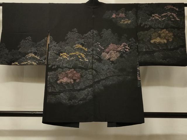 平和屋着物＃羽織　寿光織　樹林文　黒地　金銀糸　正絹　逸品　CABD1459in