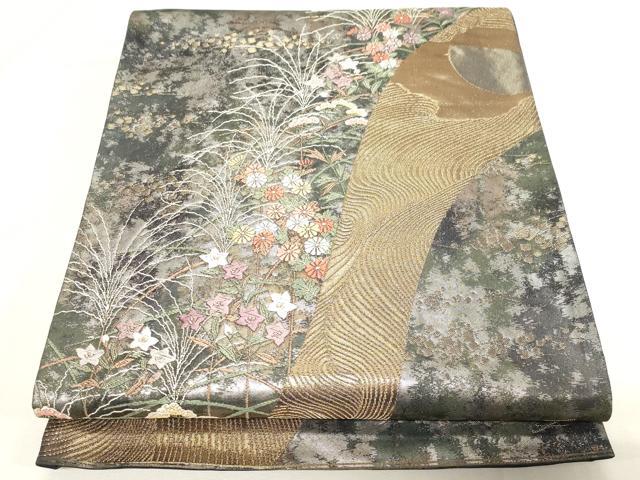 袋帯 モール織 月満ち欠けに兎 花模様 鱗 芝 格子 ガード加工 O-3832 袋帯 モール織 月満ち欠けに兎 花模様 鱗 芝 格子 ガード加工 O-3832