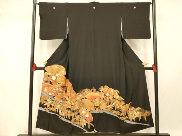 平和屋着物■豪華黒留袖 駒刺繍 吉祥花扇子文 金彩 正絹 逸品 AAAY8732fw