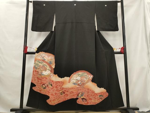 平和屋着物■豪華黒留袖　駒刺繍　流水扇面花文　暈し染め　金彩　正絹　逸品　AABG6866st