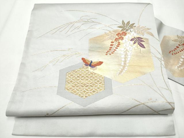 平和屋着物●九寸名古屋帯　唐織　亀甲花蝶文　金糸　正絹　逸品　CABA1054hy