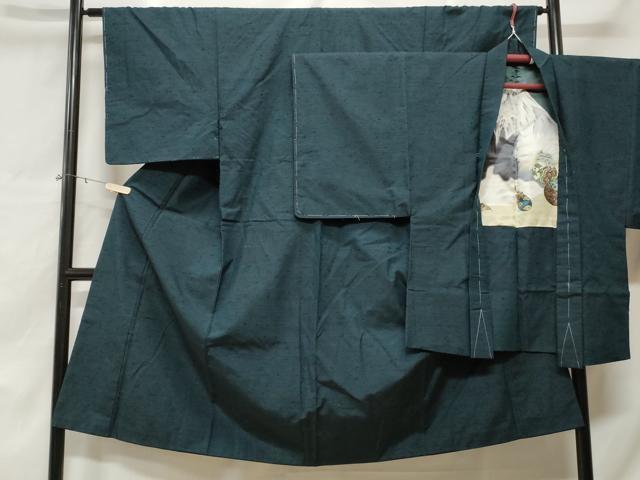 平和屋着物■男性　髭紬　アンサンブル　褐返色　金彩　羽裏：富士山　正絹　逸品　CABE3333ev