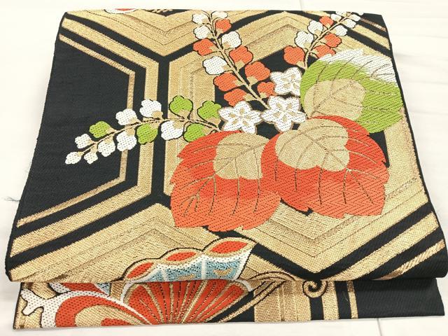 平和屋着物◎六通柄袋帯　唐織　桐亀甲文　黒地　金糸　正絹　逸品　CAAR1869nb