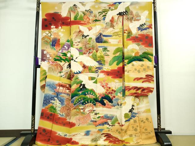 平和屋本店■極上　アンティーク　大正ロマン　振袖　刺繍　飛鶴渡橋風景　暈し染め　金彩　逸品　DZAA9568kh5