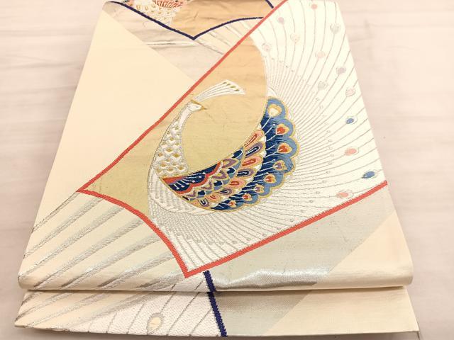 平和屋着物◎六通柄袋帯　唐織　扇面孔雀文　金銀糸　正絹　逸品　BAAV5847hv