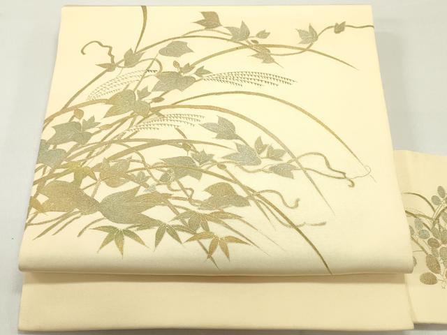 平和屋着物●塩瀬　九寸名古屋帯　蔦の葉文　蜂蜜色　金彩　正絹　逸品　DAAY0046ob