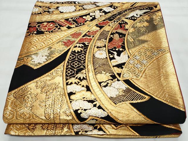 平和屋着物◎六通柄袋帯　束ね熨斗飛鶴花文　金糸　正絹　逸品　CAAY7807fb
