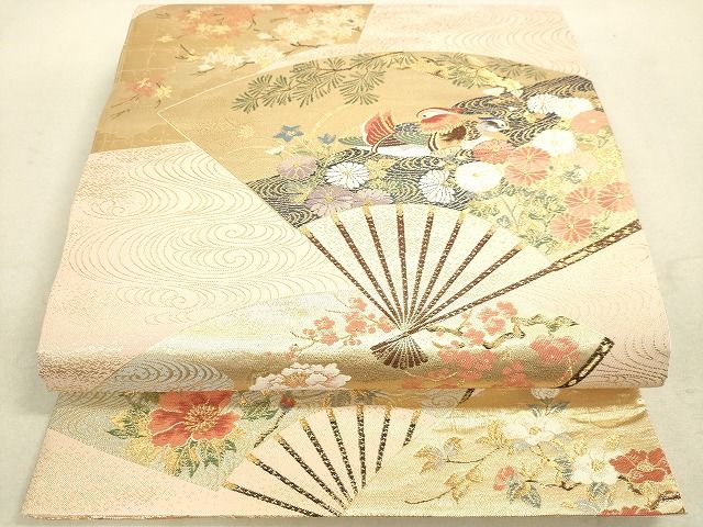 平和屋着物◎六通柄袋帯　扇面鴛鴦花文　金糸　逸品　DAAH9799tw