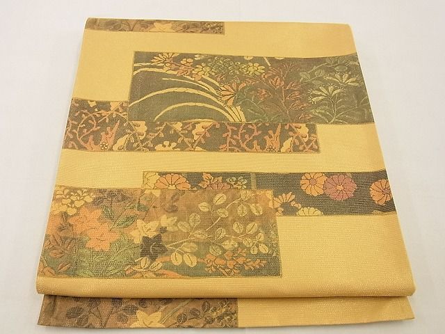 平和屋着物■六通太鼓柄袋帯　手描き　横段秋草文　金彩　逸品　n-xi0143