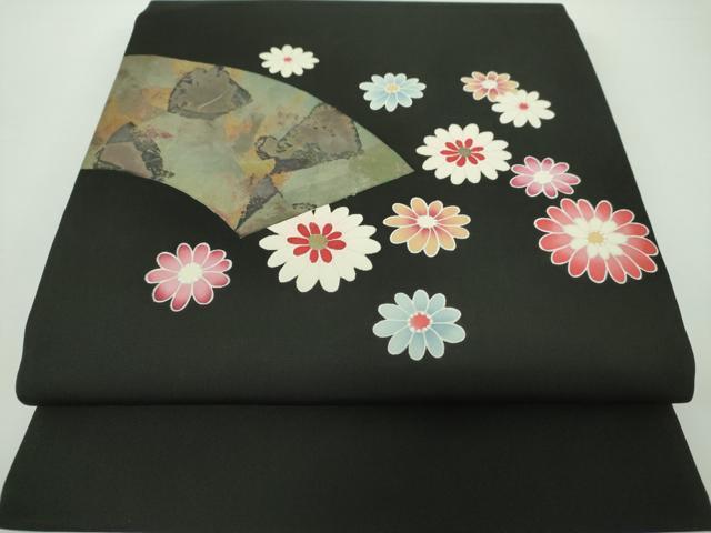 平和屋着物●塩瀬　九寸開き名古屋帯　地紙花文　黒地　金彩　正絹　逸品　DAAX4061ps