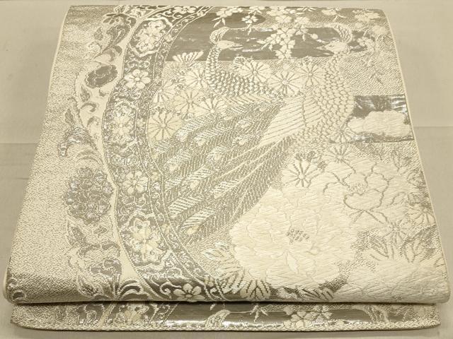 平和屋着物◎六通柄袋帯　唐織　孔雀花唐草文　銀糸　正絹　逸品　CAAT0022ft