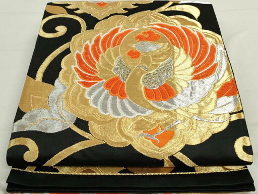 平和屋着物◎六通柄袋帯 唐織 正倉院鳳凰花文 黒地 金銀糸 正絹 逸品 DAAU1216qa 平和屋着物◎六通柄袋帯 唐織 正倉院鳳凰花文 黒地 金銀糸 正絹 逸品 DAAU1216qa