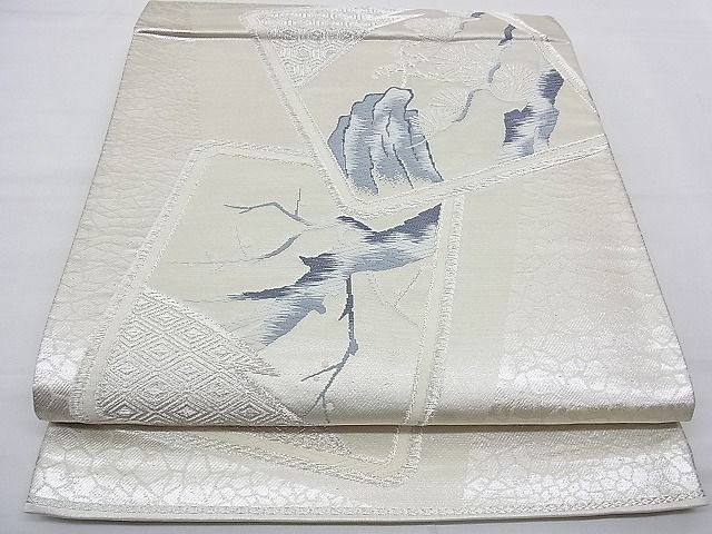 平和屋着物■六通柄袋帯　唐織　色紙重ね枝梅松文　銀糸　逸品　n-gt3183