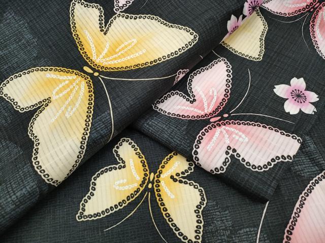 平和屋着物∴夏物　浴衣　舞蝶桜　黒地　綿　逸品　CABD2654ng
