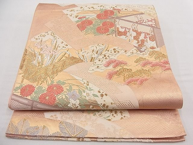 平和屋着物■六通柄袋帯　唐織　地紙重ね　飛鶴風景花文　金銀糸　逸品　n-da0243