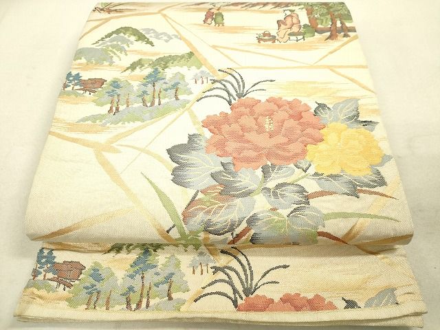 平和屋着物◎六通柄袋帯　人物風景花文　金糸　逸品　DAAH9830tw