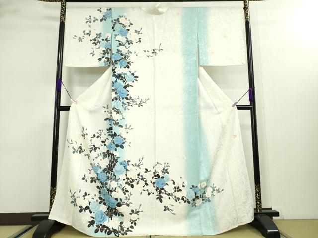 平和屋本店■極上　名門染元　秀美　十日町友禅　龍谷　訪問着　単衣　舞蝶薔薇文　暈し染め　銀通し地　逸品　DZAA3160kh5のサムネイル