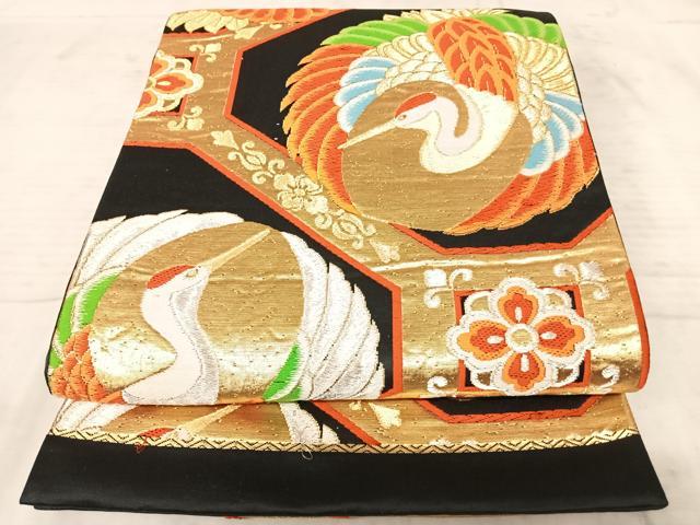 平和屋着物◎六通柄袋帯　唐織　飛鶴花文　黒地　金銀糸　正絹　逸品　AAAY8538yx