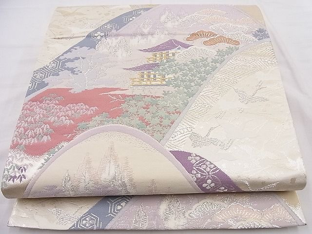 平和屋着物■六通柄袋帯　唐織　重山風景飛鶴吉祥文　金銀糸　逸品　n-pk3795