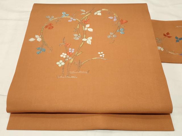 乐天商城 - 平和屋着物●塩瀬　九寸名古屋帯　総刺繍　草花文　金銀糸　正絹　逸品　CABA2183dy