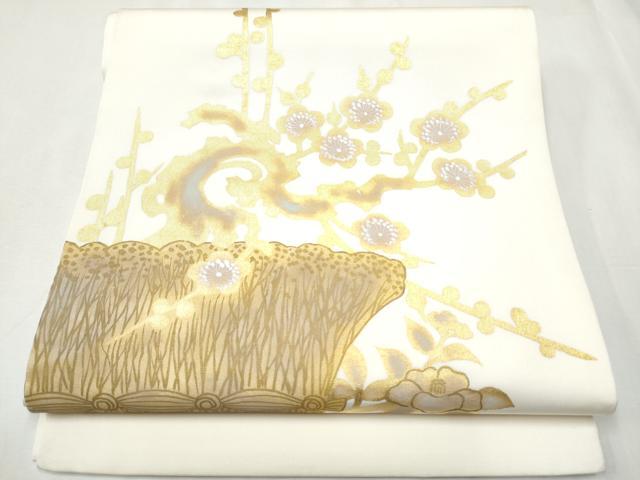 平和屋着物●塩瀬　九寸開き名古屋帯　枝花文　金糸　正絹　逸品　CABA1094hy