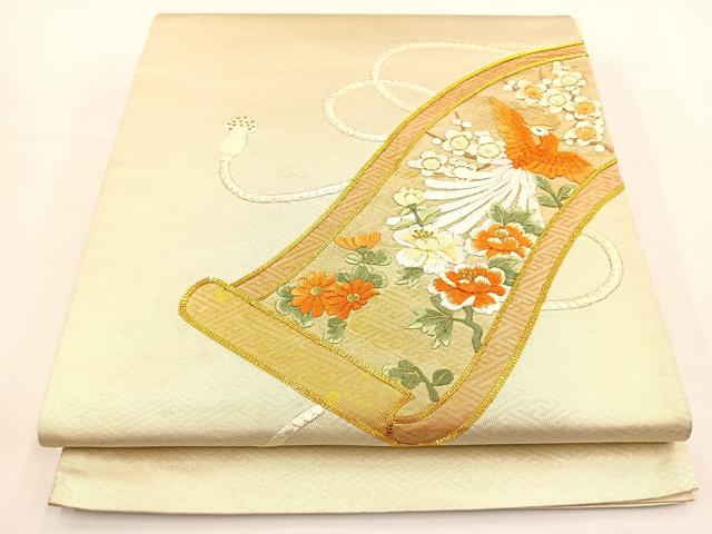平和屋着物◎太鼓柄袋帯　総刺繍　駒刺繍　花鳥絵巻　金糸　正絹　逸品　BAAT5178jr