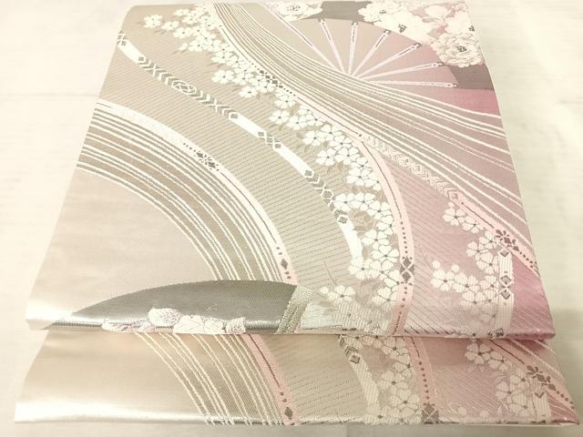 平和屋着物◎六通柄袋帯　唐織　扇面花文　銀糸　正絹　逸品　AAAS9811yx