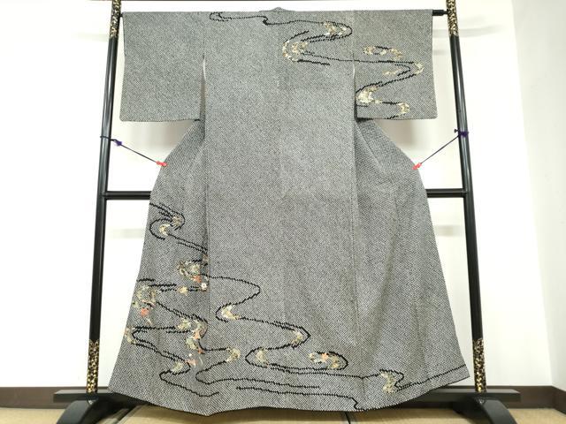 平和屋着物●訪問着　総絞り　駒刺繍　流水草花文　黒地　金彩　正絹　逸品　DABC2680ud