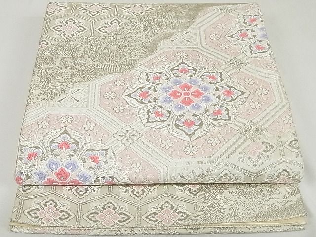 平和屋着物◎六通柄袋帯　唐織　道長蜀江唐花文　銀糸　正絹　逸品　AAAH2400Aex