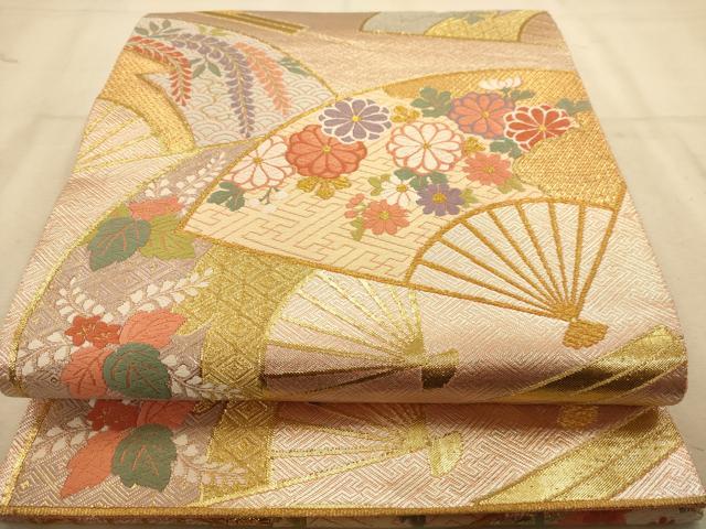 平和屋着物◎六通柄袋帯　唐織　扇面花文　金糸　正絹　逸品　AABA7315dt