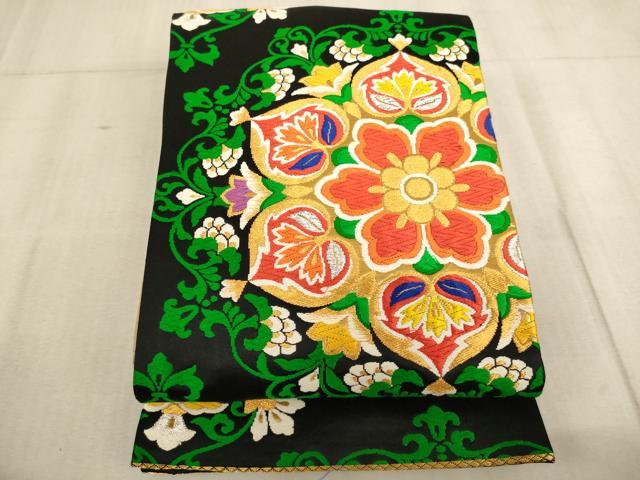 平和屋着物[]子供　全通柄袋帯　唐織　正倉院花文　黒地　金糸　逸品　AABB5827ja