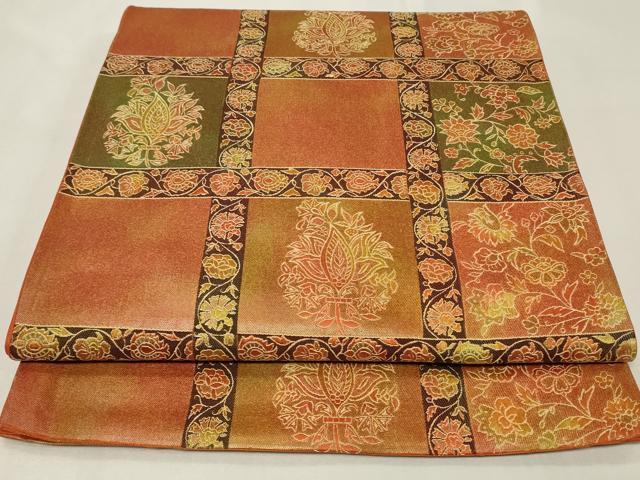 平和屋着物◎六通柄袋帯　格子更紗花文　正絹　逸品　CAAZ7749in
